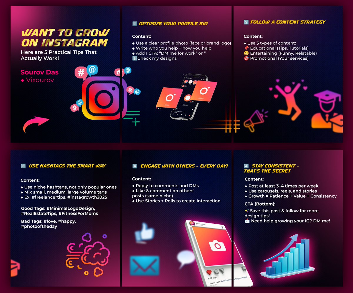 Compixal's tweet image. Want to grow on Instagram? Here are 5 practical tips that actually work!
I&apos;ve put together a quick guide in this carousel. It covers everything from bio optimization to using hashtags the smart way.
#InstagramTips #SocialMediaMarketing #InstagramGrowth #MarketingTips  #vixourov