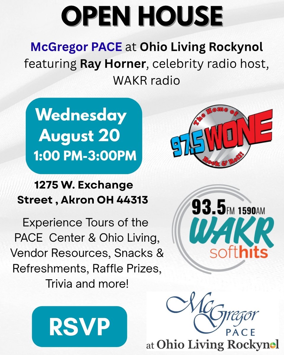 You are invited to join us for an Open House at the new McGregor PACE in Akron at Ohio Living Rockynol on August 20th, 1:00-3:00PM with Ray Horner from WAKR radio.  Music, Tours, Snacks and Prizes! RSVP requested.
mcgregorpace.org/open-house-for…