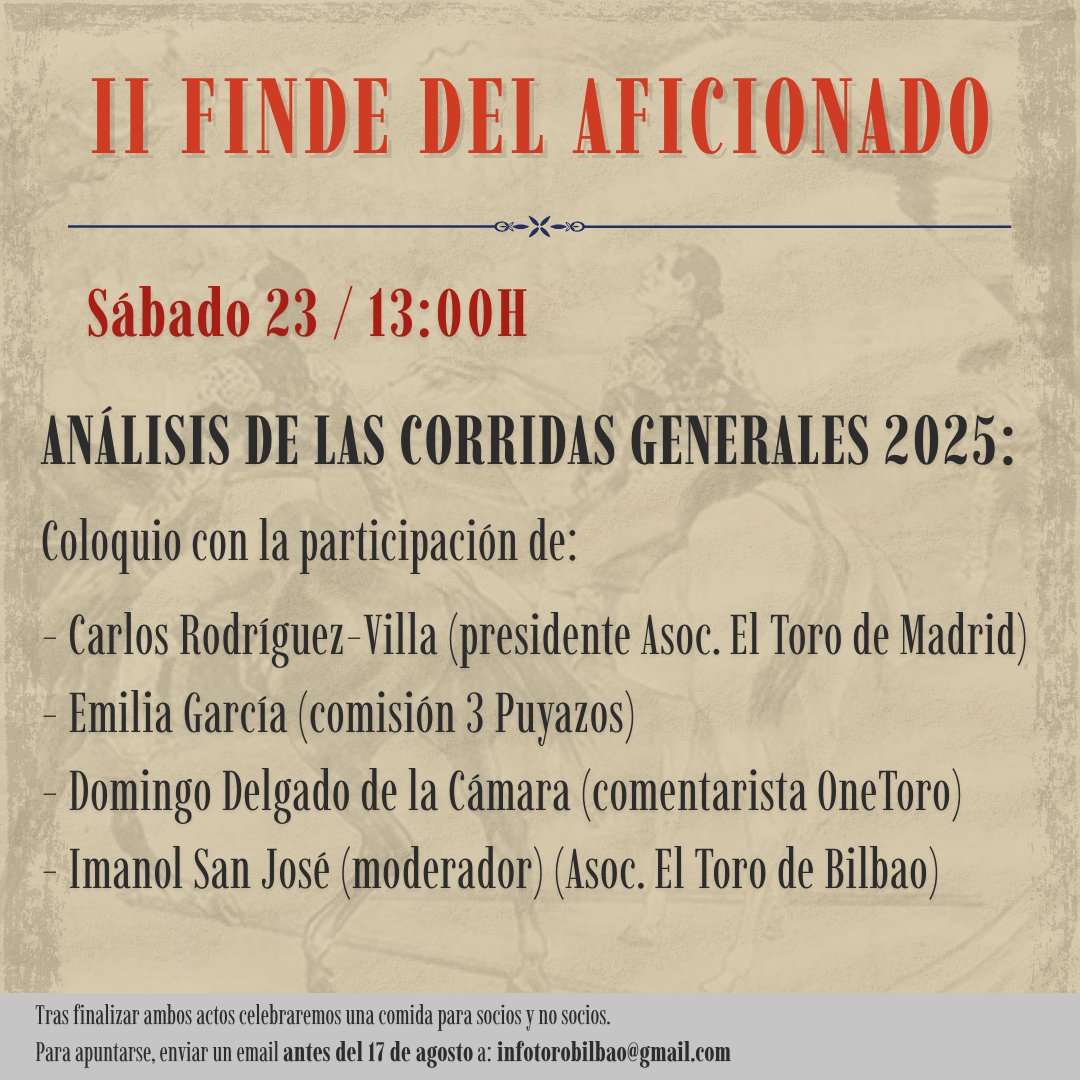📣 II FINDE DEL AFICIONADO
Viernes 22 y Sábado 23

🐂 Calentando motores para las Corridas Generales de 2025

🎙️ ¡Coloquios, afición, debate y mucho más, os esperamos!

#PoreltoroPorBilbao
➕ Info 👇🏻