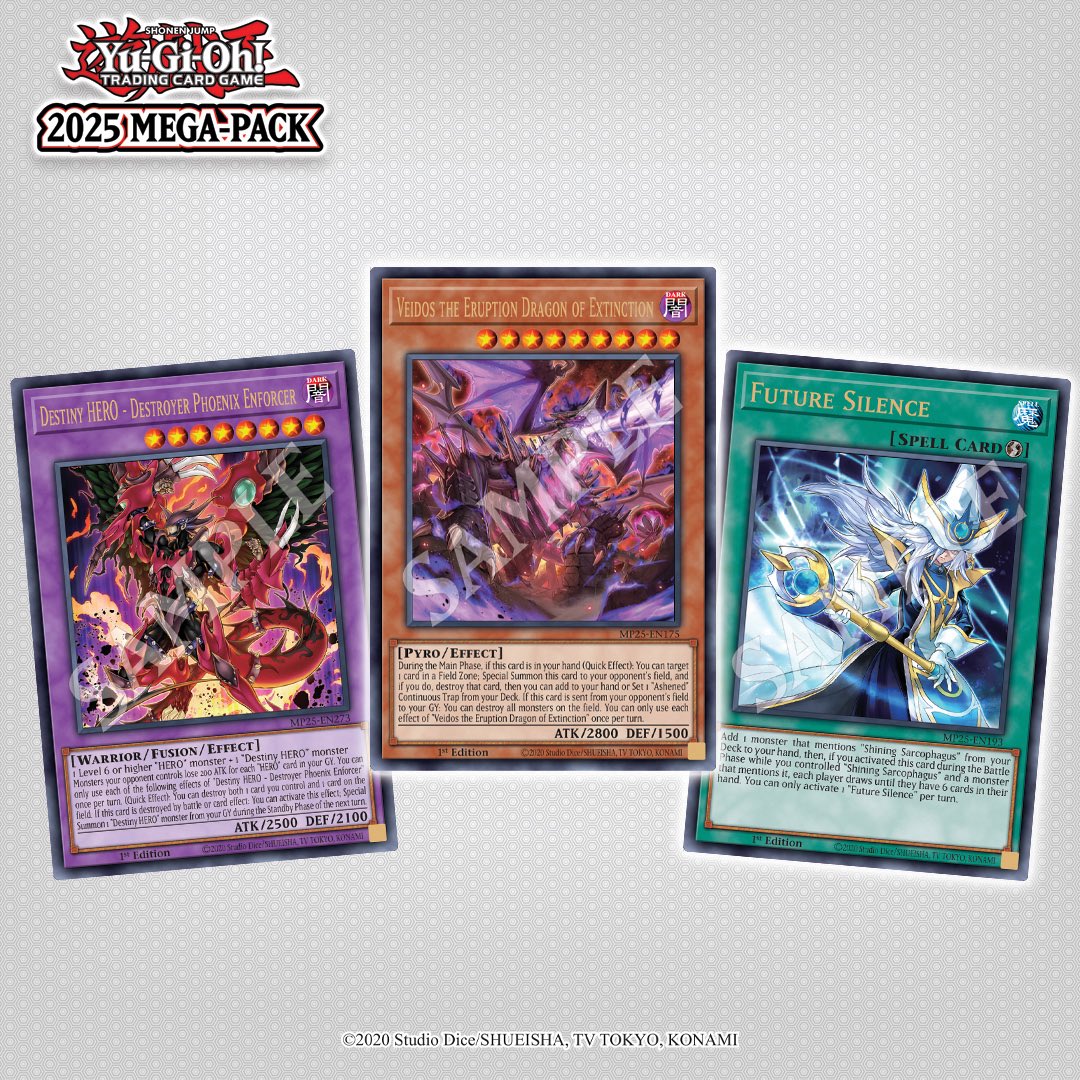 ❰2025 𝗠𝗲𝗴𝗮 𝗣𝗮𝗰𝗸❱
Here are today's Ultra Rare reveals from the upcoming 2025 Mega-Packs❗️✨

🟪 Destiny HERO - Destroyer Phoenix Enforcer
🟧 Veidos the Eruption Dragon of Extinction
🟩 Future Silence

*️⃣ In the Mega-Pack Tin or the Mega-Pack Bundle you'll get 3