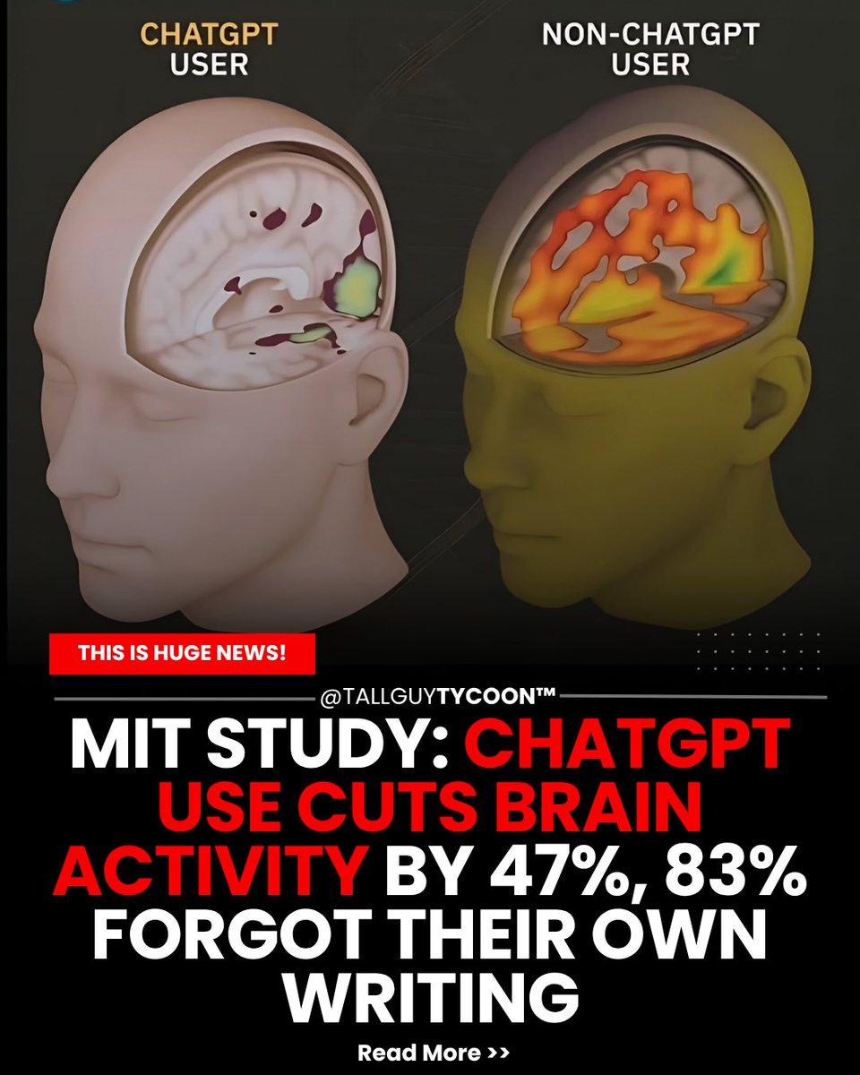 MIT study finds ChatGPT users showed less brain activity &amp; growing dependence over time. AI is killing human logic + critical thinking. 

An AI takeover won't happen like The Matrix &amp; iRobot. We may become so dependent on the machines that we'll hand it control + power.