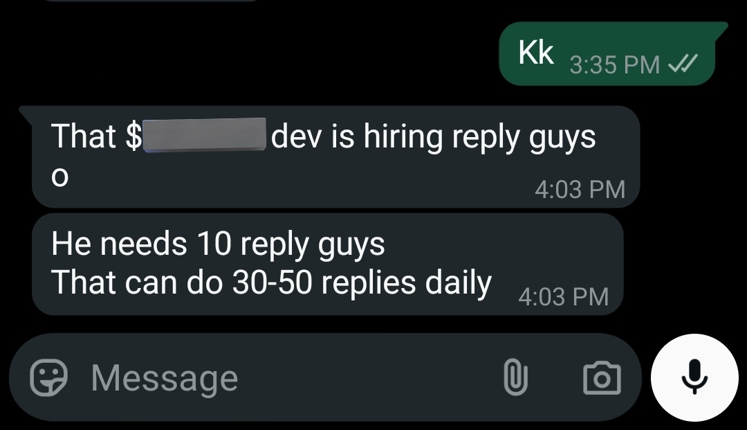 🧵 DEV NEEDS REPLY GUYS
$30/day – No PoW – 10 slots only

If you’ve got a blue tick and can drop 50 quality replies daily,
you’re getting $30 per day.

Dev is onboarding 10 people only.

Want in?

→ RT
→ Comment “me”
→ DM me