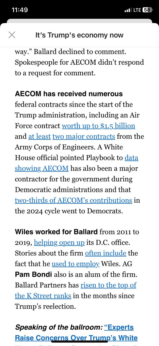 SCOOP: AECOM, the giant infrastructure firm the White House picked to lead engineering for the construction of the $200M WH ballroom being built w/ private money, is registered with Ballard Partners, the lobbying firm w/ ties to chief of staff Susie Wiles. politico.com/newsletters/pl…