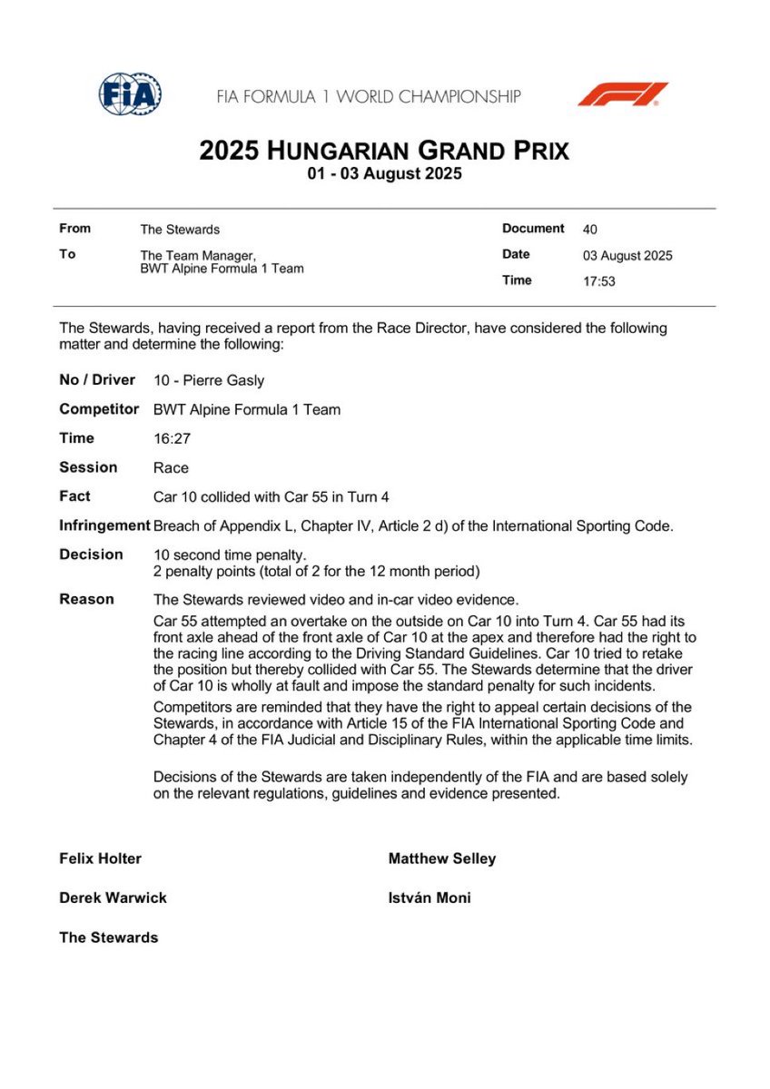 10s penalty for Pierre Gasly and 2 penalty points on the licence for crashing with Sainz.