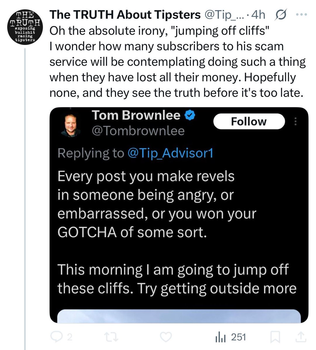 Value Horse Tips (@farmingthevalue) on Twitter photo Meanwhile in the troll world, the 🐐 <a href="/Tip_Advisor1/">The TRUTH About Tipsters</a> is still making disgusting comments, clinging onto <a href="/Mathewforthh/">Mathewforth</a> for someone to reply to him whilst the people he’s trolling keep getting likes for telling him the BS he continues to spout. Ignores the facts as ever #sadoldman Meanwhile in the troll world, the 🐐 <a href="/Tip_Advisor1/">The TRUTH About Tipsters</a> is still making disgusting comments, clinging onto <a href="/Mathewforthh/">Mathewforth</a> for someone to reply to him whilst the people he’s trolling keep getting likes for telling him the BS he continues to spout. Ignores the facts as ever #sadoldman
