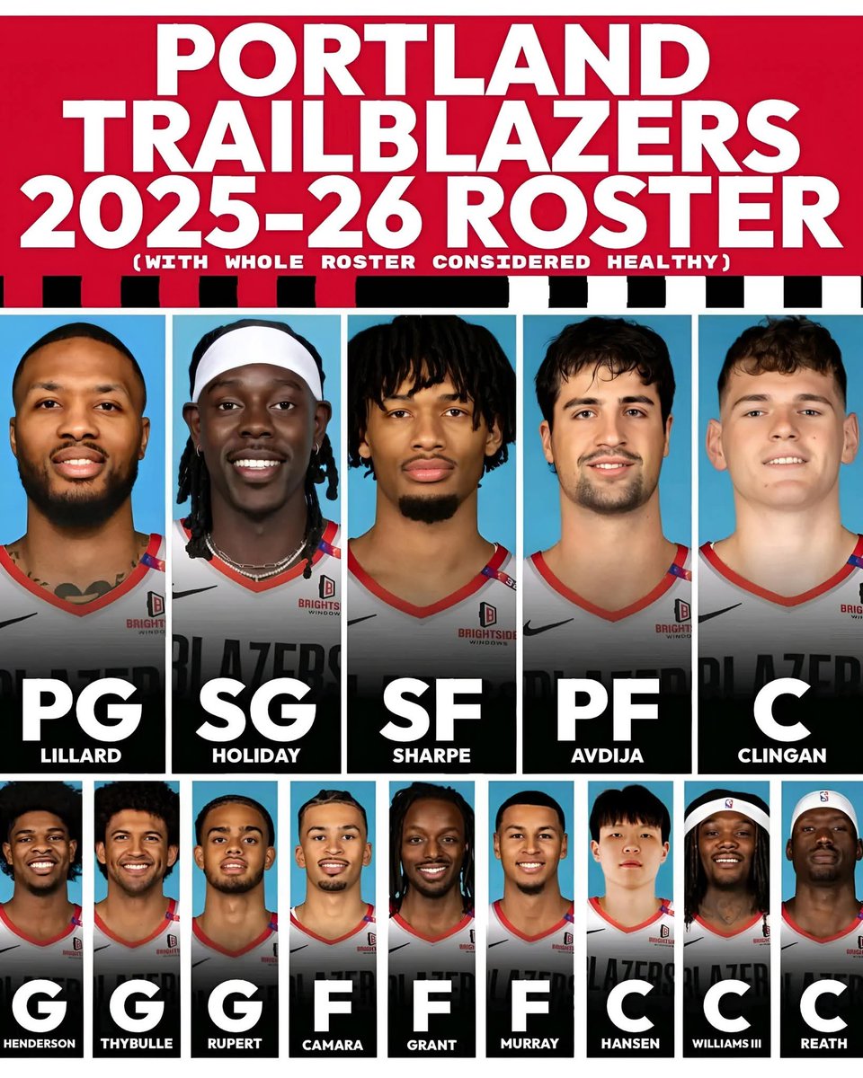 ogy_emy's tweet image. 2025-26 #PortlandTrailBlazers

Starters:
G #damianlillard
G #JrueHoliday
F #ShaedonSharpe
F #DeniAvdija
C #DonovanClingan

Reserves:
G #ScootHenderson
G #MatisseThybulle
G #RayanRupert
F #JeramiGrant
F #KrisMurray
F #ToumaniCamara
C #RobertWilliams
C #DuopReath
C #YangHansen