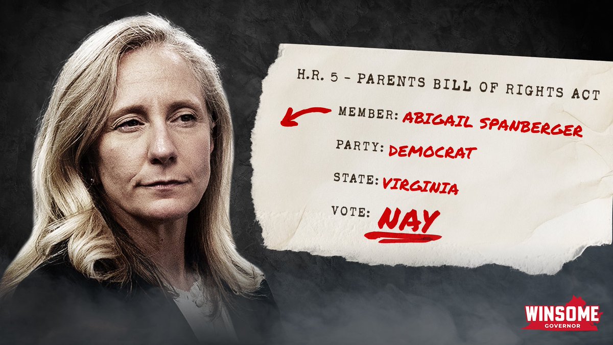 Abigail Spanberger voted against the Parents Bill of Rights because she thinks Richmond and D.C. should raise your kids.

Sorry Abigail, we don’t co-parent with the state. Not in my house and not in my Virginia.
