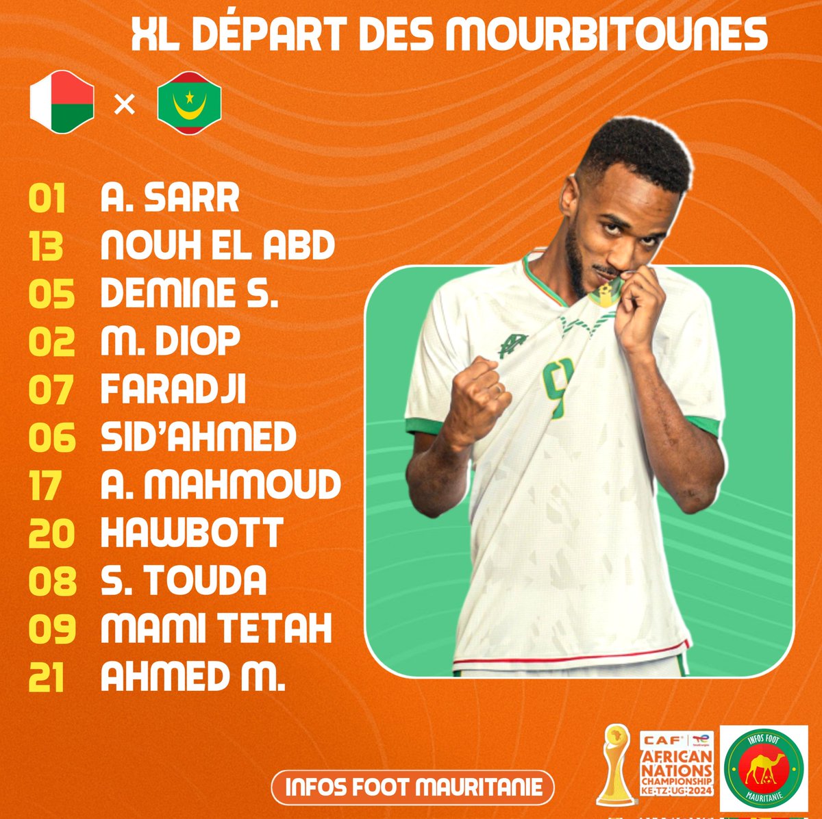 INFOSFOOTMAURI's tweet photo. 🚨📋 Xl départ des Mourabitounes 🇲🇷 pour affronter Madagascar 🇲🇬.

🕤 Coup d'envoi ! 00

#CHAN2024 https://t.co/BccZO185u0