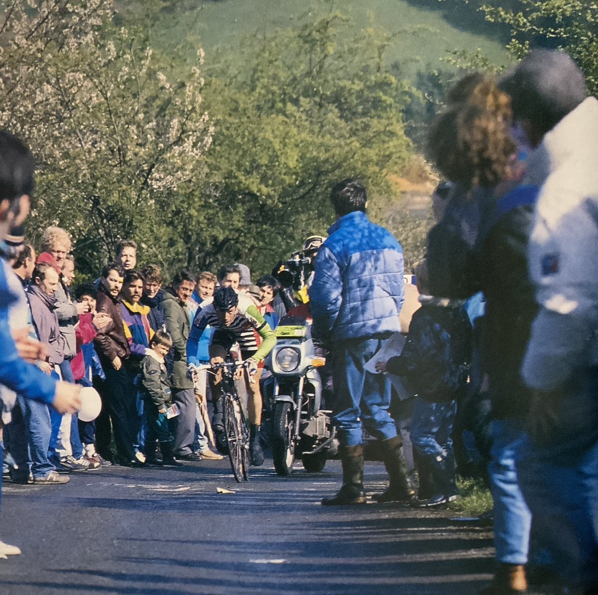 Jean-Francois Bernard struggles on the climb of La Redoute at the 1990 Liege-Bastogne-Liege, finishing in 24th place, the race won by Eric Van Lancker.