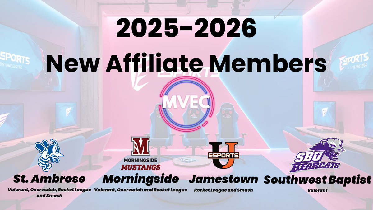 The Midwest Valley Esports Conference (@mvecesports) on Twitter photo Huge day as we welcome 4 new schools as affiliate members to the MVEC!!
We would like to welcome <a href="/SAU_Esports/">SAU Esports</a> <a href="/msideesports/">Morningside Esports</a> <a href="/uj_esports/">Jimmie Esports</a> and <a href="/SBUniv_Esports/">SBUniv Esports</a> Huge day as we welcome 4 new schools as affiliate members to the MVEC!!
We would like to welcome <a href="/SAU_Esports/">SAU Esports</a> <a href="/msideesports/">Morningside Esports</a> <a href="/uj_esports/">Jimmie Esports</a> and <a href="/SBUniv_Esports/">SBUniv Esports</a>
