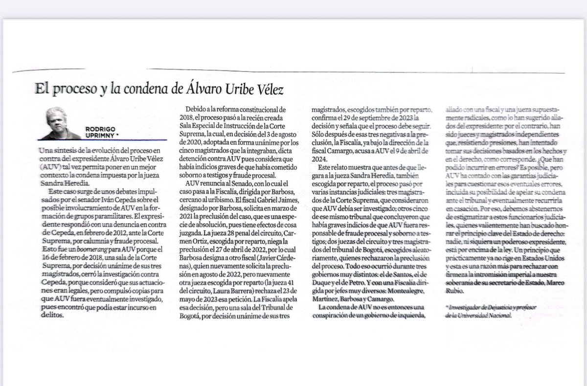Esta muy buena columna de <a href="/RodrigoUprimny/">Rodrigo Uprimny</a> cuenta la historia de lo sucedido dentro del proceso que terminó con la condena de Uribe. Varios jueces, independientes, han tomado decisiones adversas a los intereses del expresidente. 

Incluso recuerda cómo la fiscalía estando en manos