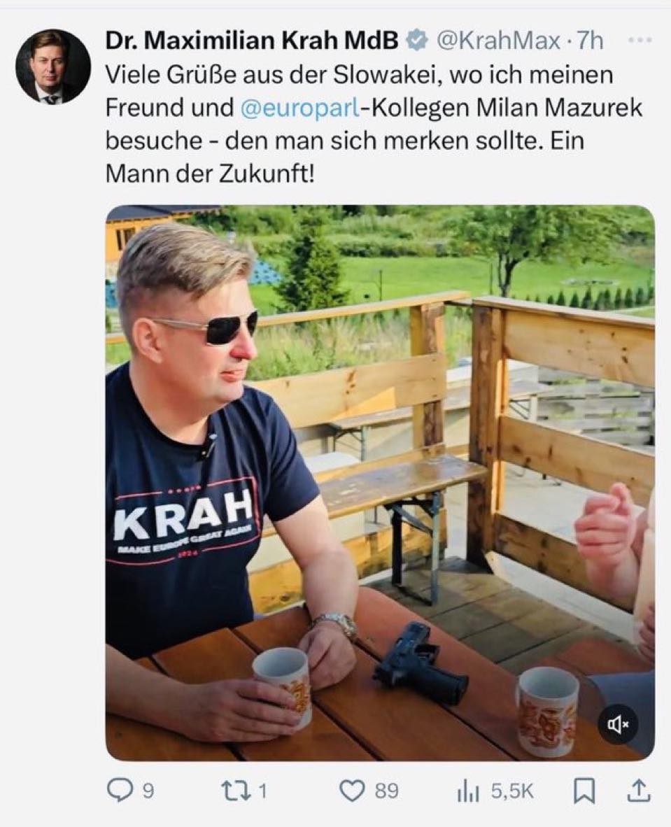 Nemecký europoslanec za extrémistickú AfD sa pochválil návštevou Slovenska a stretnutím s kolegom, odsúdeným rasistom Milanom Mazurekom - a s pištoľou na stole. Títo ľudia chcú vraj urobiť Európu znova veľkou. Ich radikálne názory a ich metódy poznáme. Treba ich zastaviť!