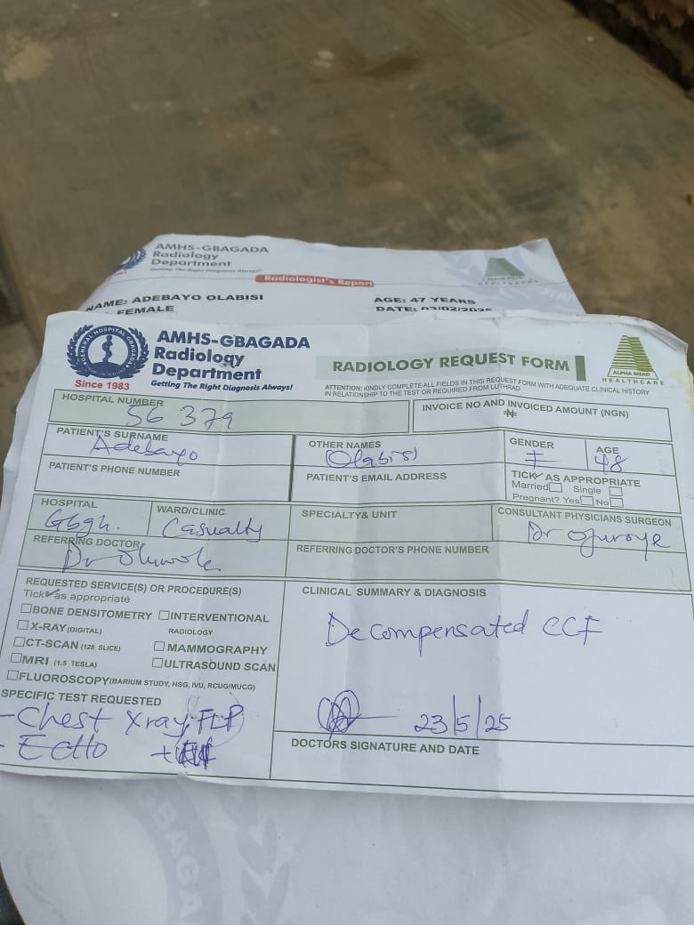 Mrs. Adebayo Olabisi has been diagnosed with a Decompensated Congestive Cardiac Failure and needs your help to survive. We kindly solicit your generous donations and support to give Mrs. Olabisi a fighting chance. To donate, please scan the barcode or visit