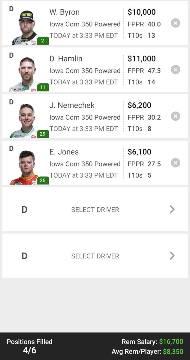 DfsGet's tweet photo. Nascar Cup Series at Iowa 🚨🚨
We're going racing!
Going a little different here, going to give out my core 4! 
But also have 4 PD guys that I feel move up pretty well today!
Drop any questions below!
First 4 and core, next 4 are PD
#NASCAR https://t.co/MsNqBx3IYy