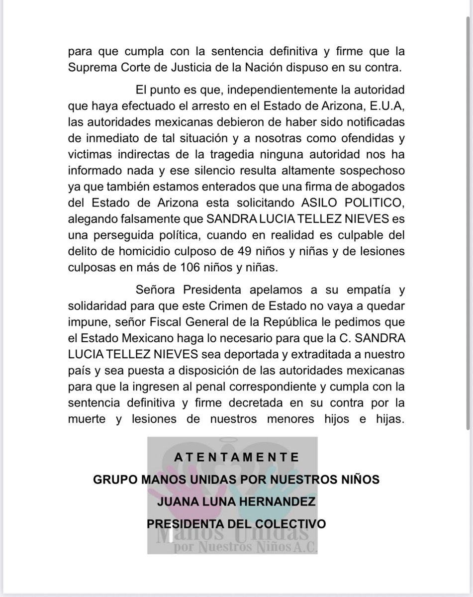michelleriveraa's tweet photo. 🚨#ÚLTIMAHORA Detienen a dueña de la #GuarderíaABC en Arizona, se encuentra en una prisión de Eloy, según carta de la organización @12_manosunidas 

👉🏻 Piden a la presidenta @Claudiashein no olvidar hacer justicia. En la solicitud piden a la mandataria recordar que Sandra Luz Téllez Nieves es culpable de la muerte de 49 niños y no perseguida política como pretenden posicionarla abogados en Arizona. Las víctimas piden al gobierno de México intervenir en esta detención.