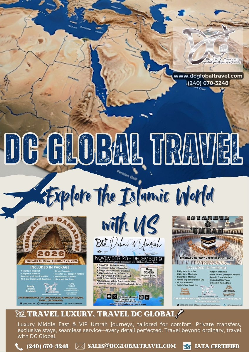 DcGlobalTravel's tweet photo. Explore The Islamic World with us. Multiple trips coming up. Plan your family gateway now, and leave the logistical headache for us.

Contact us Today:
📞(240) 670-3248
📧sales@dcglobaltravel.com https://t.co/a9oNA9jwJi