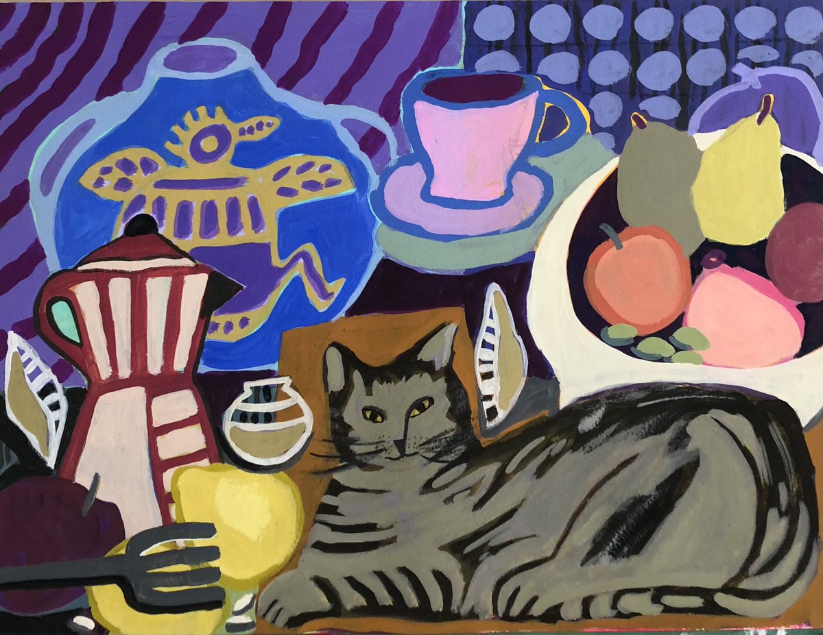 Given And Gone
Gouache 
I inherited this Indian pot from my mother years ago. The cat in the painting was also mine. I named her as a child, the moment I saw her in a pet shop.  I turned to my dad and said, “Golly, I want that one please” He said Golly would make a good name”