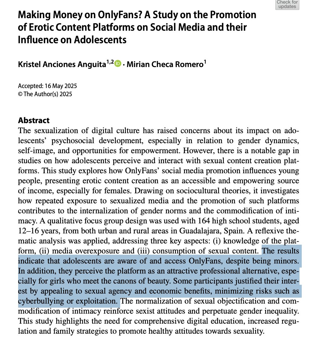 Study finds children as young as 12 consider OnlyFans a normal way to make money.

TikTok and Instagram promotion is grooming an entire generation to see sex work as empowerment.

Where will this lead in the next 20 years?