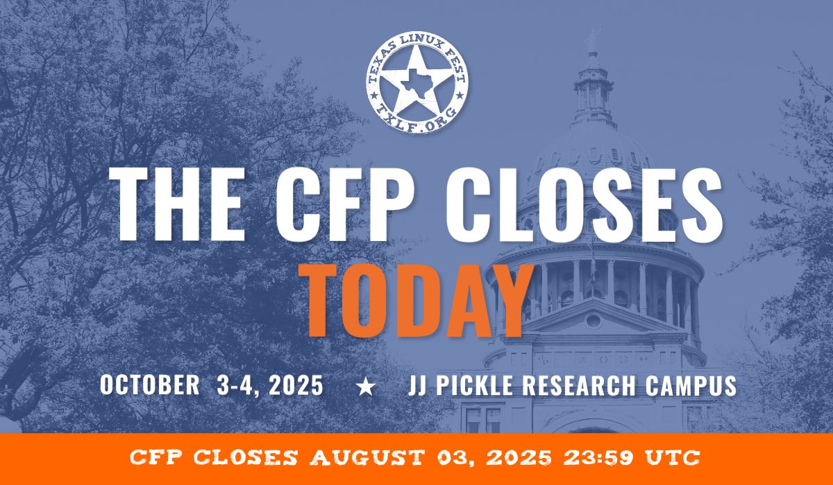 The Call for Proposals for #TXLF 2025 closes TODAY! papercall.io/txlf2025

If you’ve been thinking about submitting a talk, workshop, or panel related to Linux, open source, DevOps, security, or anything in between, now is the time! 

SUBMIT YOUR TALK!