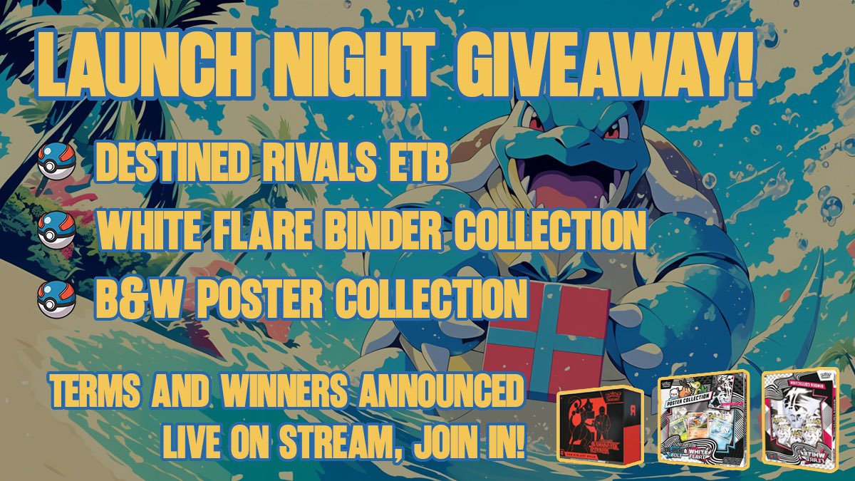BlastoiseBroker's tweet photo. 🚨LAUNCH STREAM GIVEAWAY🚨

Join our first stream on @Whatnot Wednesday at 7pm where someone will win:

1 x Destined Rivals ETB
1 x White Flare Binder Collection
1 x B&amp;W Poster Collection 

🚨BONUS GIVEAWAY🚨

3 x  1 Prismatic Rip &amp; Ship Slots
To enter RT &amp; Tag a friend! https://t.co/qUztrvBBRR