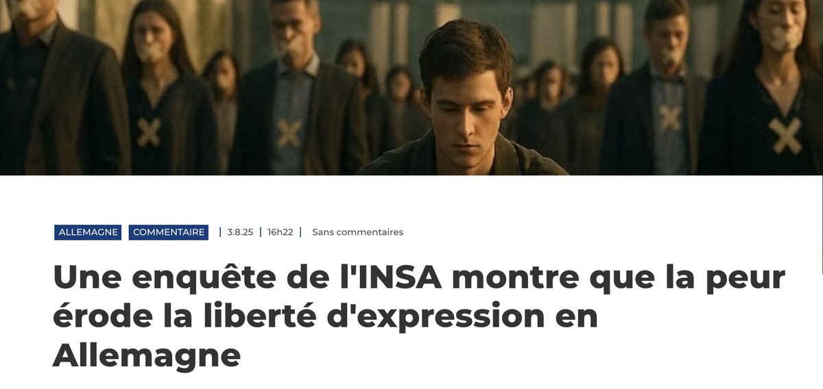 silvano_trotta's tweet photo. Les chiffres sont alarmants : 84 % des Allemands estiment qu’il vaut mieux se taire que d'exprimer des idées différentes. Dans un pays qui se veut démocratique, la liberté d’expression devient un danger, surtout pour ceux qui ne suivent pas les courants dominants. Ce qui ressemble à la RDA est depuis longtemps une réalité allemande.

N'ayez pas peur, c'est exactement ce qu'ils veulent ! Ne les laissons pas gagner.