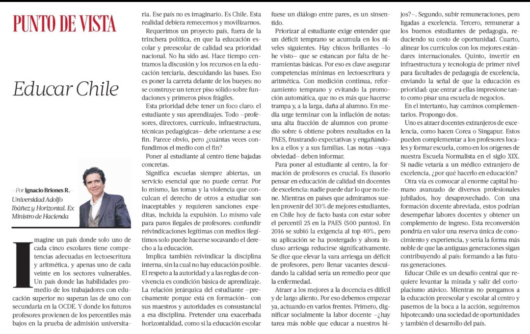 ignaciobriones_'s tweet photo. "Educar Chile":
Necesitamos un proyecto país, fuera de la trinchera política, en el que la educación escolar de calidad sea prioridad nacional. No ha sido así. Hemos centrado la discusión y recursos en educación superior: la carreta delante de los bueyes.

👉Columna y propuestas https://t.co/OK6fTFQM1r