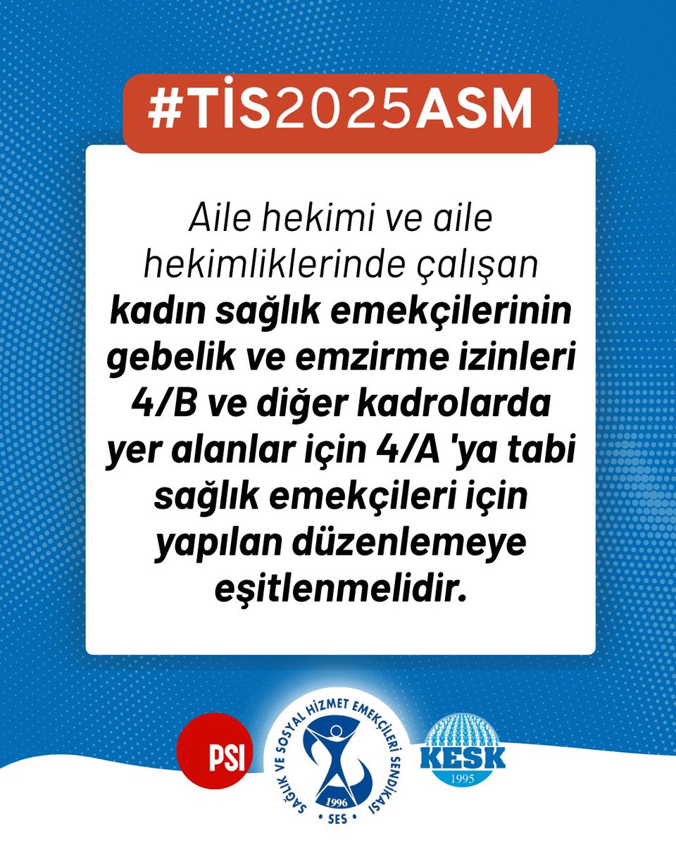 ❗️Aile hekimi ve aile hekimliklerinde çalışan kadın sağlık emekçilerinin gebelik ve emzirme izinleri 4/B ve diğer kadrolarda yer alanlar için 4/A 'ya tabi sağlık emekçileri için yapılan düzenlemeye eşitlenmelidir.

📢Aile Sağlığı Merkezlerinde, Birlikte Örgütlenmeye, Mücadeleye!