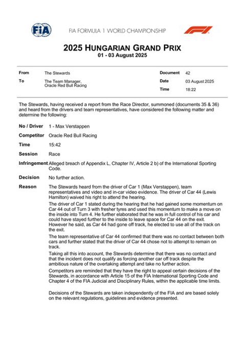 “The car 44 chose not attempt to remain on the track” because car 44 doesn’t want to crash. 🤯
What sort of an argument is this⁉️ Even when nothing’s at the stake fia cannot be just and correct.
Why the fuc* still coddle car 1?