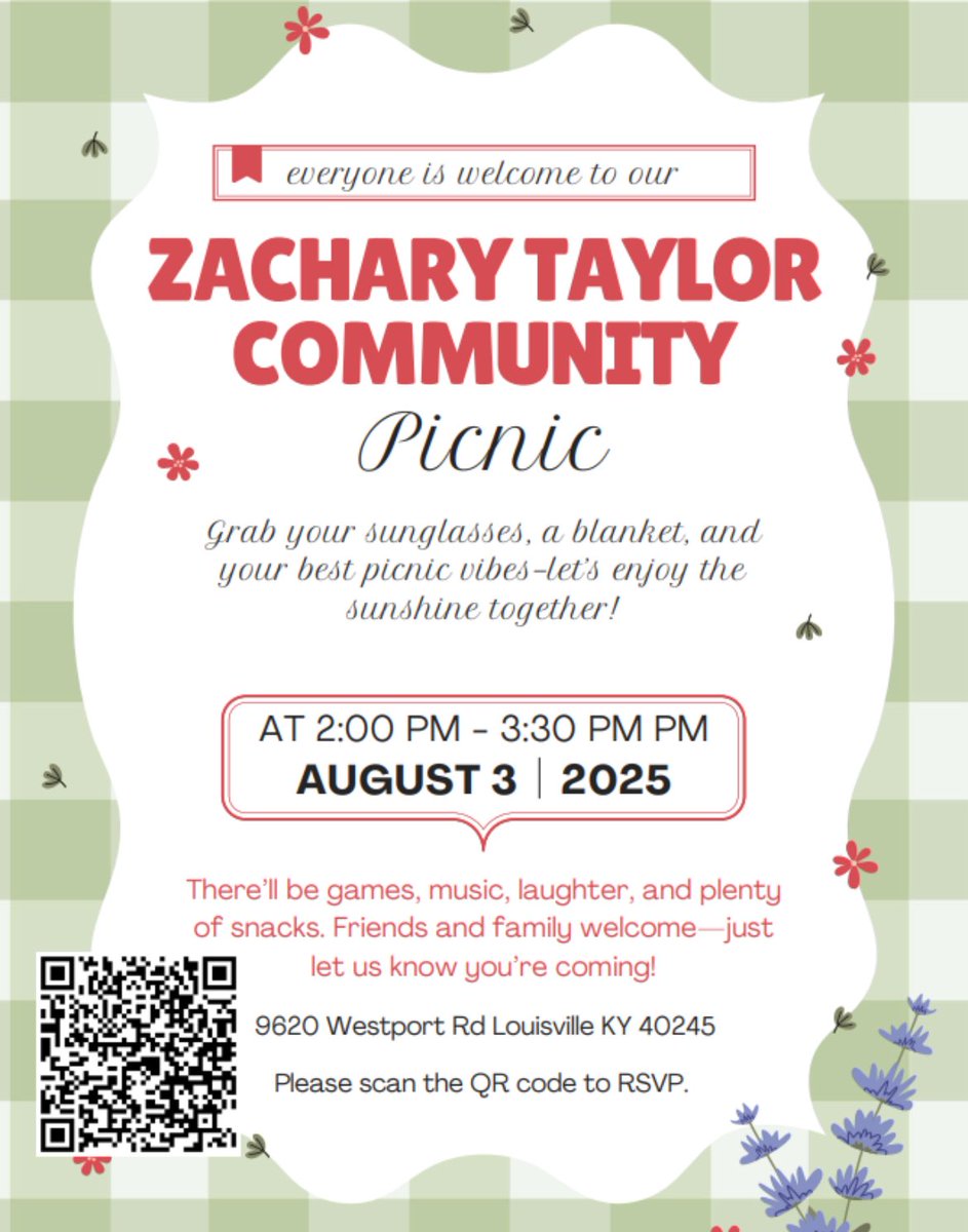 Come out the Zachary Taylor Community Picnic today from 2-3:30!
It will be in the bus circle. Park in the parking lot off of Hurstbourne. 
This is open to ALL!