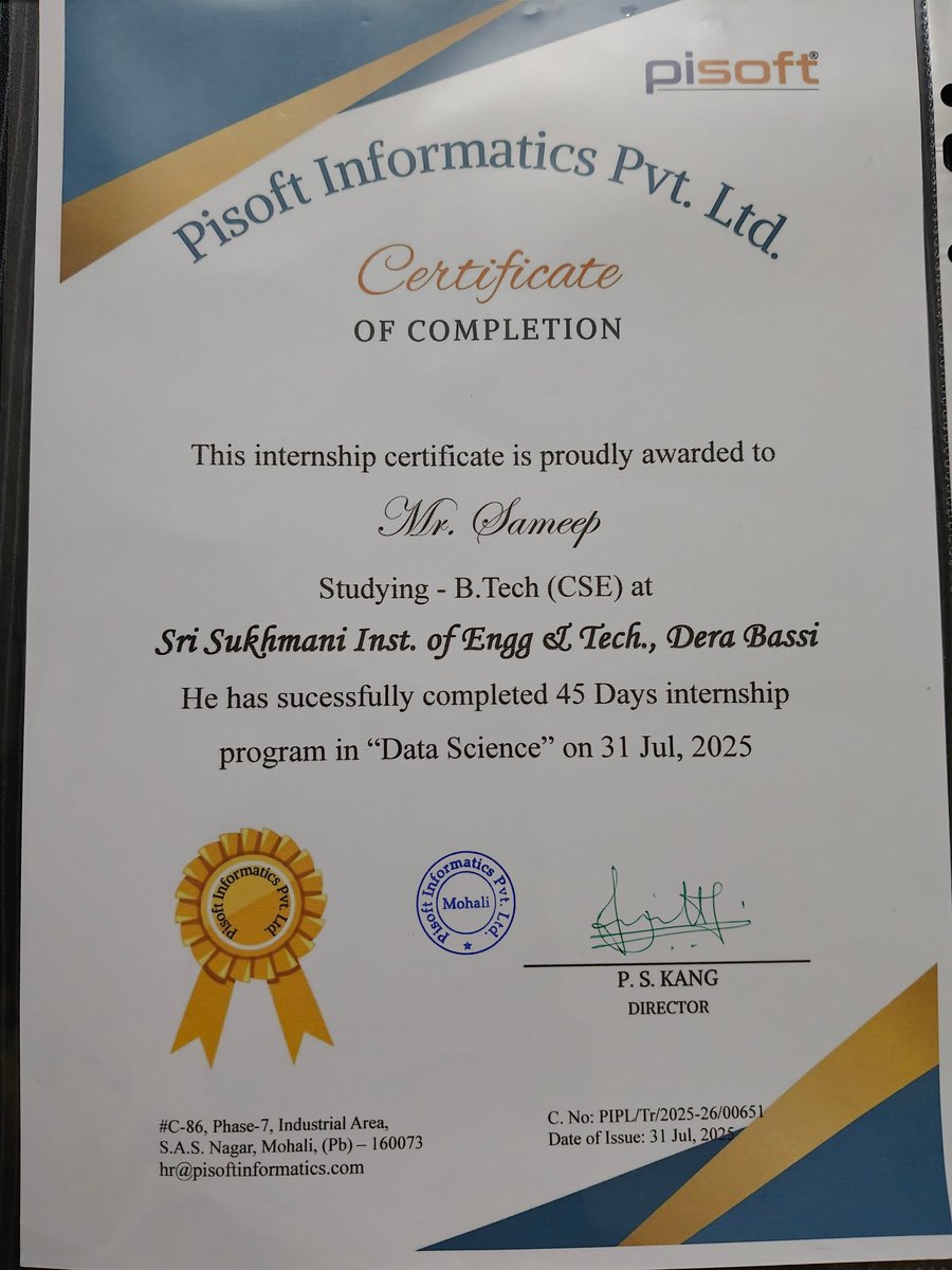 __sameep_______'s tweet image. Successfully completed my 45-day Data Science Internship at Pisoft Informatics, Mohali

Learned hands-on skills in Data Analysis, EDA, Data Cleaning, Machine Learning &amp;amp; Deep Learning Algorithms, and Visualization techniques

Grateful for the experience &amp;amp; mentorship🙌
 #Internship