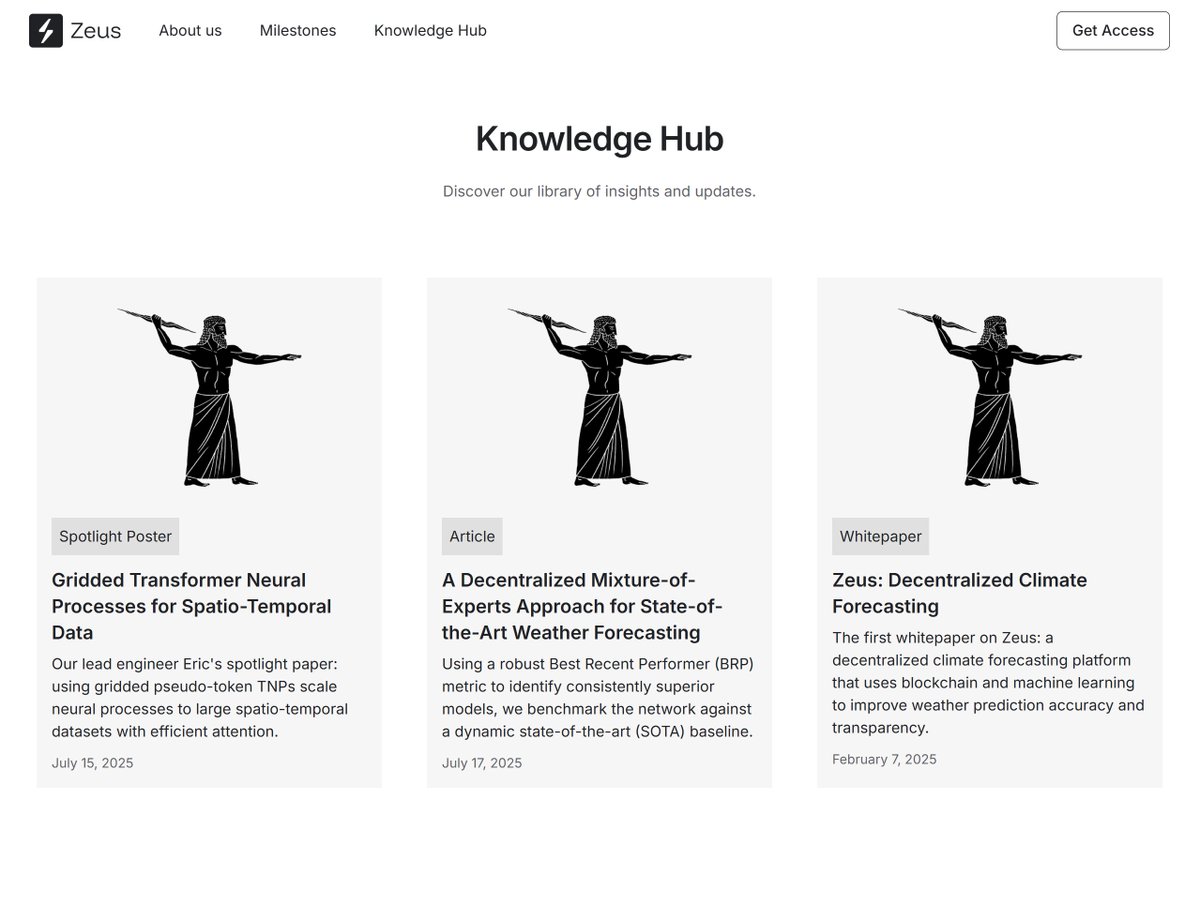 Knowledge Hub: dive into the cutting edge of decentralized weather forecasting. All Zeus related papers land here. 📚 Currently:

📄 ICML 2025 Spotlight Paper
By our lead engineer: a scalable transformer for massive spatio-temporal weather data. Backed by Ørpheus AI.

📄 Zeus: A
