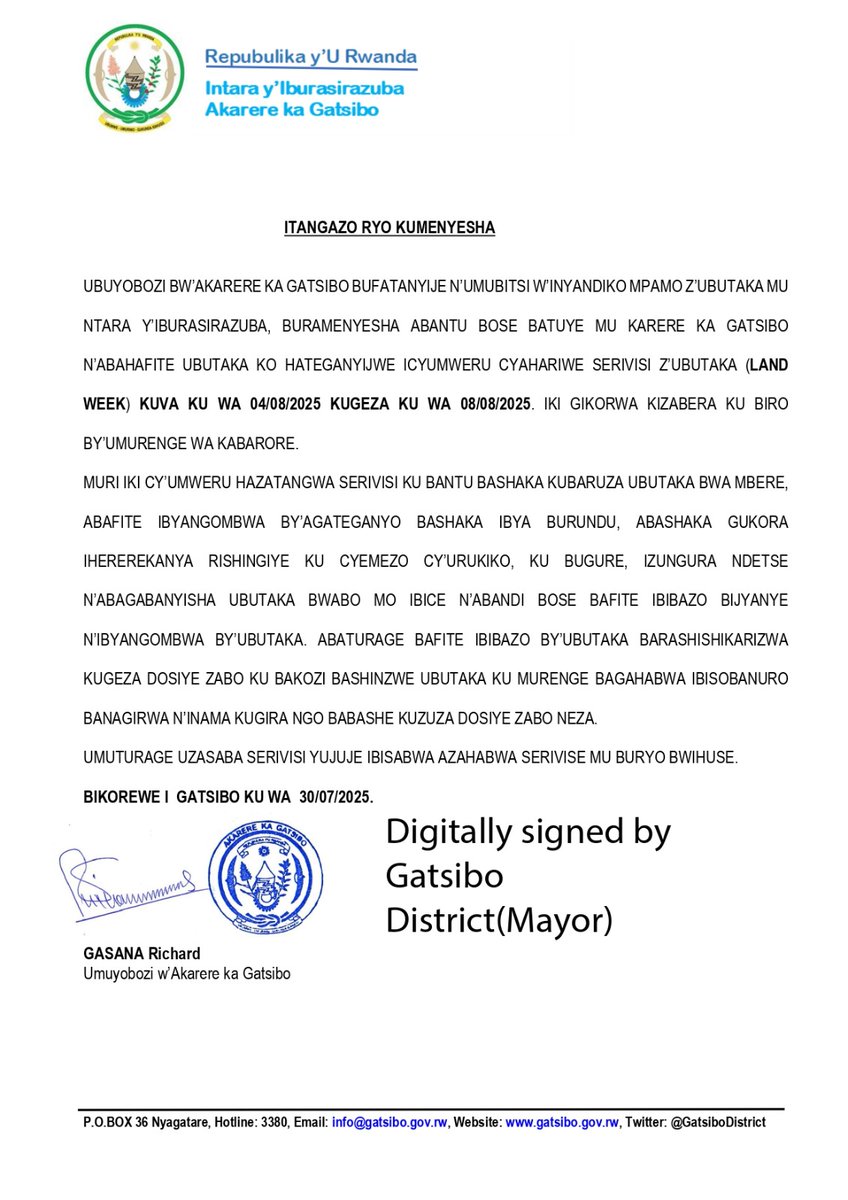 Gatsibo District (@gatsibodistrict) on Twitter photo Itangazo ry'Icyumweru cyahariwe serivise z'ubutaka <a href="/GatsiboDistrict/">Gatsibo District</a> kizatangira kuva taliki ya 4-8/8/2025. <a href="/RwandaLocalGov/">Ministry of Local Government | Rwanda</a> <a href="/Lands_Rwanda/">National Land Authority - NLA</a> <a href="/RwandaEast/">๐๐๐ฌ๐ญ๐๐ซ๐ง ๐๐ซ๐จ๐ฏ๐ข๐ง๐๐ | ๐๐ฐ๐๐ง๐๐</a> Itangazo ry'Icyumweru cyahariwe serivise z'ubutaka <a href="/GatsiboDistrict/">Gatsibo District</a> kizatangira kuva taliki ya 4-8/8/2025. <a href="/RwandaLocalGov/">Ministry of Local Government | Rwanda</a> <a href="/Lands_Rwanda/">National Land Authority - NLA</a> <a href="/RwandaEast/">๐๐๐ฌ๐ญ๐๐ซ๐ง ๐๐ซ๐จ๐ฏ๐ข๐ง๐๐ | ๐๐ฐ๐๐ง๐๐</a>