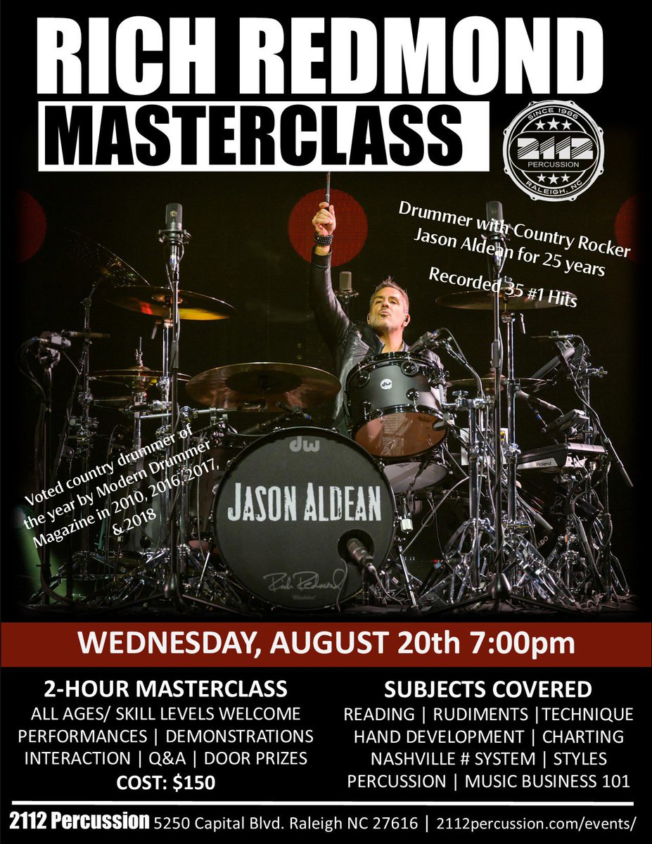 Let’s do this Raleigh! Performances-Instruction-Demonstration-Interaction-Door Prizes-Sales! Everyone gets a chance to play and will receive feedback for immediate improvement! Tickets here:

2112percussion.com/rich-redmond-m…