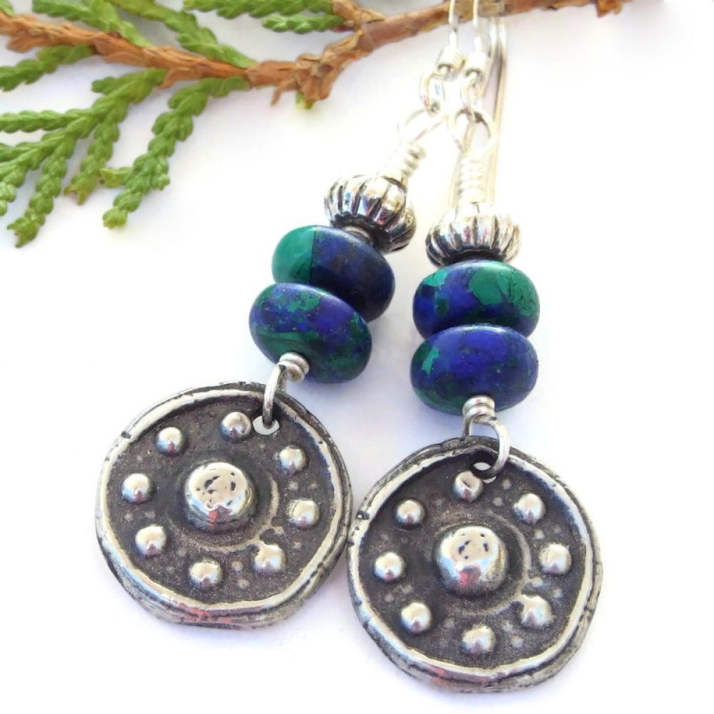 Filled w/ #Spiritual Meaning: Rustic #EightfoldPath / Wheel of Life #Earrings w/ Green &amp; Blue Azurite Malachite #Gemstones!   via <a href="/ShadowDogDesign/">Catherine</a> #ShopSmall #WheelOfLife #Handmade #HandmadeEarrings      bit.ly/EightfoldPathSD