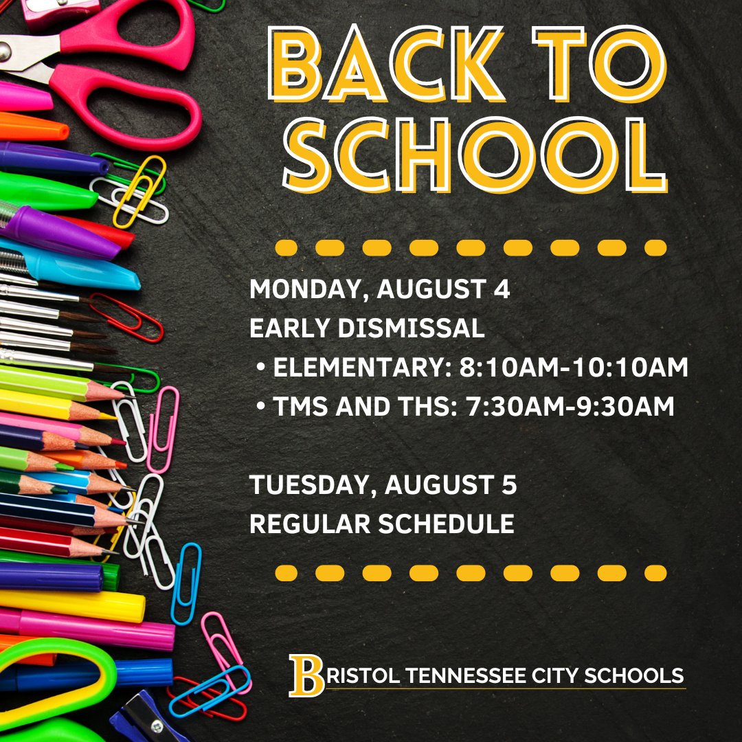 The first day of school is tomorrow!
Reminder: Monday, August 4 is an early dismissal day.
🔹 Elementary: 8:10–10:10 AM
🔹 TMS &amp; THS: 7:30–9:30 AM
Tuesday, August 5 is a regular schedule day. There is no day off between the early dismissal and regular schedule day this year.