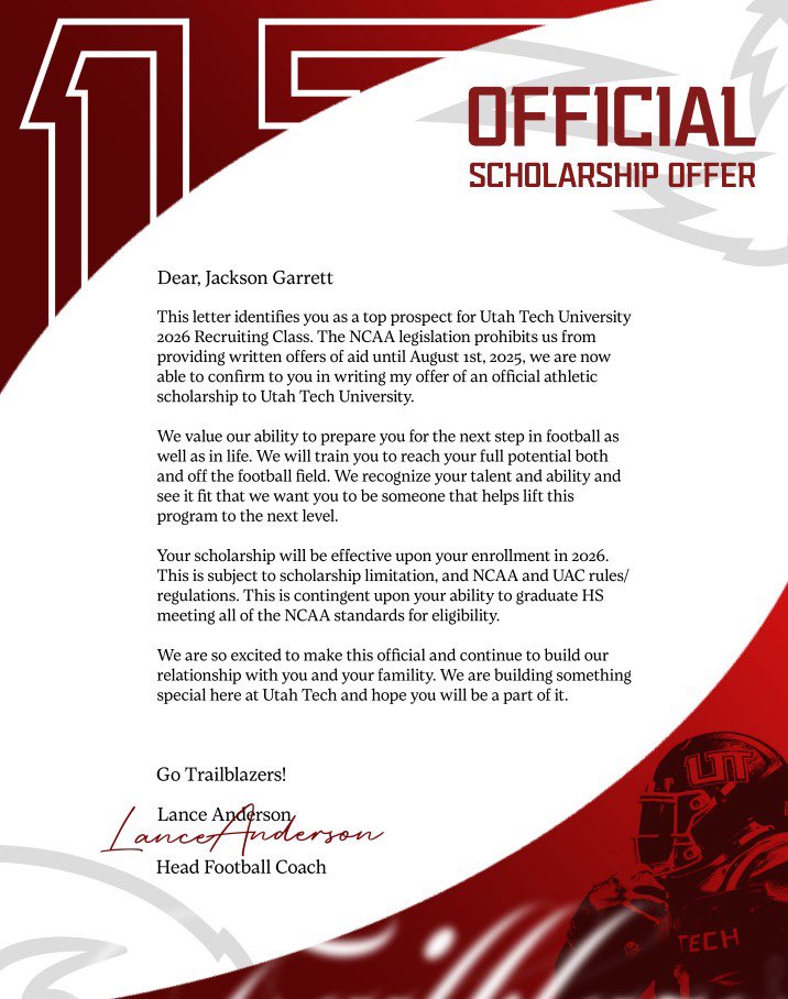 Jackson Garrett (@jgarrett_75) on Twitter photo Blessed to receive my official scholarship offer from Utah Tech!
<a href="/Coachrhud/">Ron Hudson</a> <a href="/CoachL_Anderson/">Lance Anderson</a>
#differentbreedperformance Blessed to receive my official scholarship offer from Utah Tech!
<a href="/Coachrhud/">Ron Hudson</a> <a href="/CoachL_Anderson/">Lance Anderson</a>
#differentbreedperformance