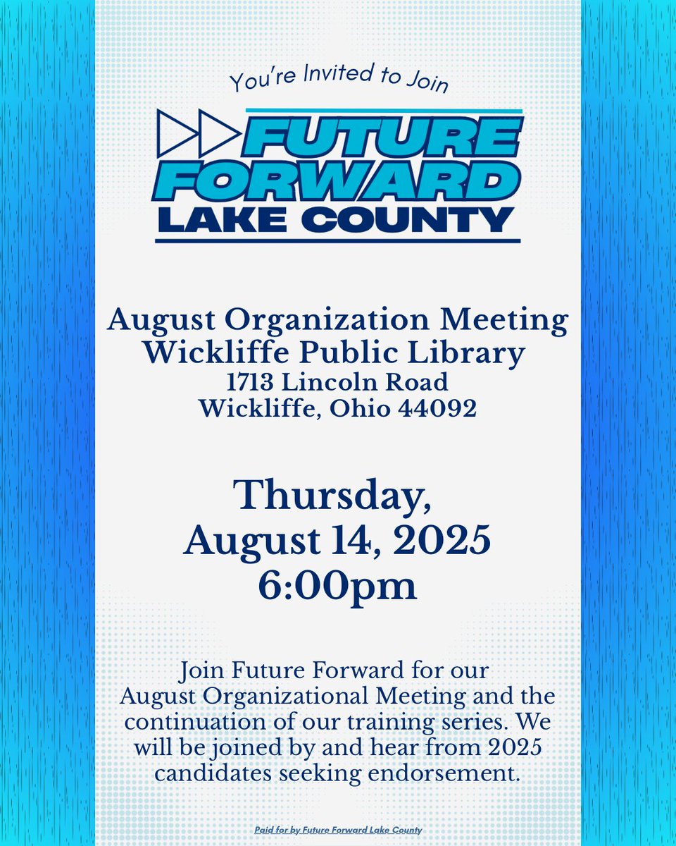 FutureForwardOH's tweet photo. Join is on August 14th on Wickliffe for our next organization meeting! https://t.co/1rXDCBIc9R