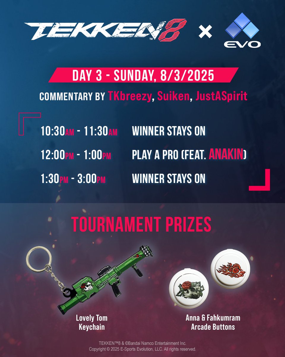 TEKKEN (@tekken) on Twitter photo Today's #Evo2025 schedule at the TEKKEN 8 booth is in!
My, my, this here <a href="/tk_anakin/">RB | Anakin</a> guy is ready to face off attendees for the Play a Pro hour this afternoon! 🕹️
Plus, stick around for some Winner Stays On! Today's #Evo2025 schedule at the TEKKEN 8 booth is in!
My, my, this here <a href="/tk_anakin/">RB | Anakin</a> guy is ready to face off attendees for the Play a Pro hour this afternoon! 🕹️
Plus, stick around for some Winner Stays On!