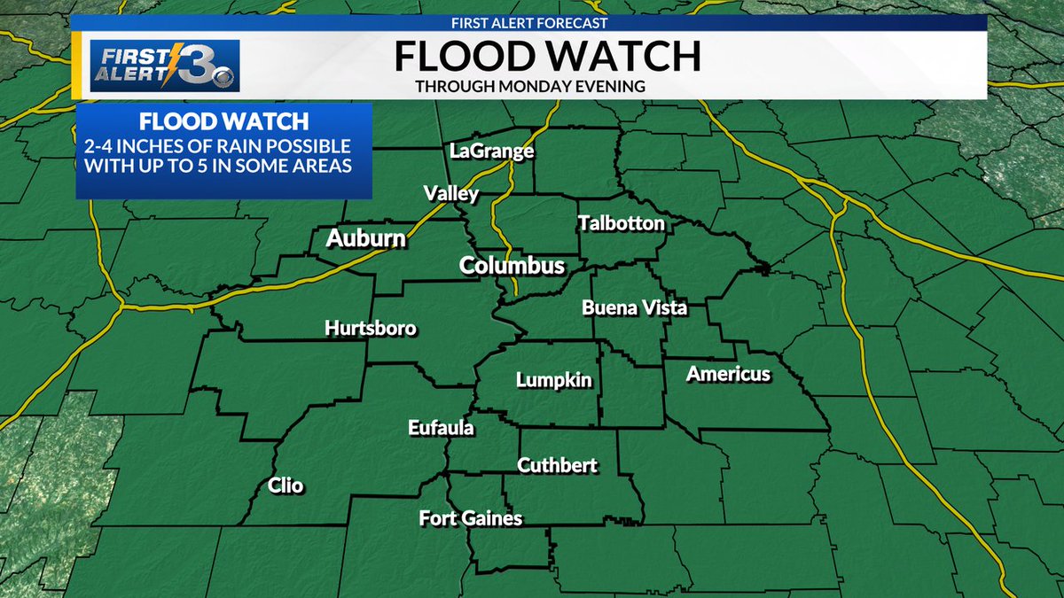 Flood Watch through Monday evening.

Some areas have already received 1-3 inches of rain but an addition 2-4+ will be possible today through Monday