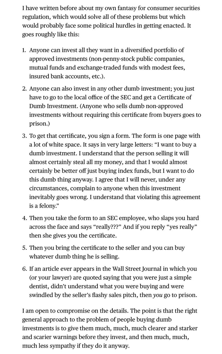Dan Robinson (@danrobinson) on Twitter photo The more time I spend wrestling with crypto market structure policy, the more I like the “Certificate of Dumb Investment” proposal from <a href="/matt_levine/">Matt Levine</a> The more time I spend wrestling with crypto market structure policy, the more I like the “Certificate of Dumb Investment” proposal from <a href="/matt_levine/">Matt Levine</a>