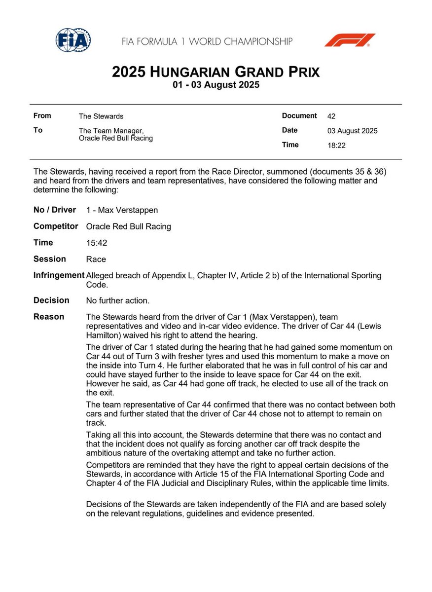 Max vs Lewis inzake de inhaal in bocht 4.
Geen contact dus geen aktie nodig. Lewis zelf vond t ook niet eens nodig zelf naar de stewards te gaan. Enig juiste beslissing in mijn optiek.