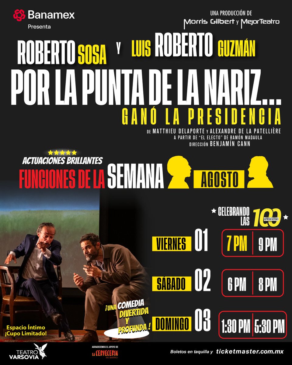 Mejor Teatro (@mejorteatro) on Twitter photo Tras cada mentira hay una verdad oculta, tras cada picazón un secreto presidencial y tras <a href="/PorLaPuntaDeLa/">Por La Punta De La Nariz</a> Nariz… ganó la presidencia, hay mucha comedia 🤣.
📍 <a href="/TeatroVarsovia/">Teatro Varsovia</a>
👃 Domingo 3 de agosto
⏰ Funciones 1:30 y 5:30 p.m.
🎟️ bit.ly/BoletoPorLaPun… Tras cada mentira hay una verdad oculta, tras cada picazón un secreto presidencial y tras <a href="/PorLaPuntaDeLa/">Por La Punta De La Nariz</a> Nariz… ganó la presidencia, hay mucha comedia 🤣.
📍 <a href="/TeatroVarsovia/">Teatro Varsovia</a>
👃 Domingo 3 de agosto
⏰ Funciones 1:30 y 5:30 p.m.
🎟️ bit.ly/BoletoPorLaPun…