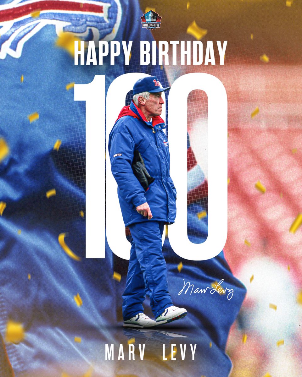 Pro Football Hall of Fame (@profootballhof) on Twitter photo The Hall of fame sends happy birthday wishes to legendary <a href="/BuffaloBills/">Buffalo Bills</a> coach Marv Levy! The Class of 2001 member is 100 TODAY! 🎉🥳 #HBD The Hall of fame sends happy birthday wishes to legendary <a href="/BuffaloBills/">Buffalo Bills</a> coach Marv Levy! The Class of 2001 member is 100 TODAY! 🎉🥳 #HBD