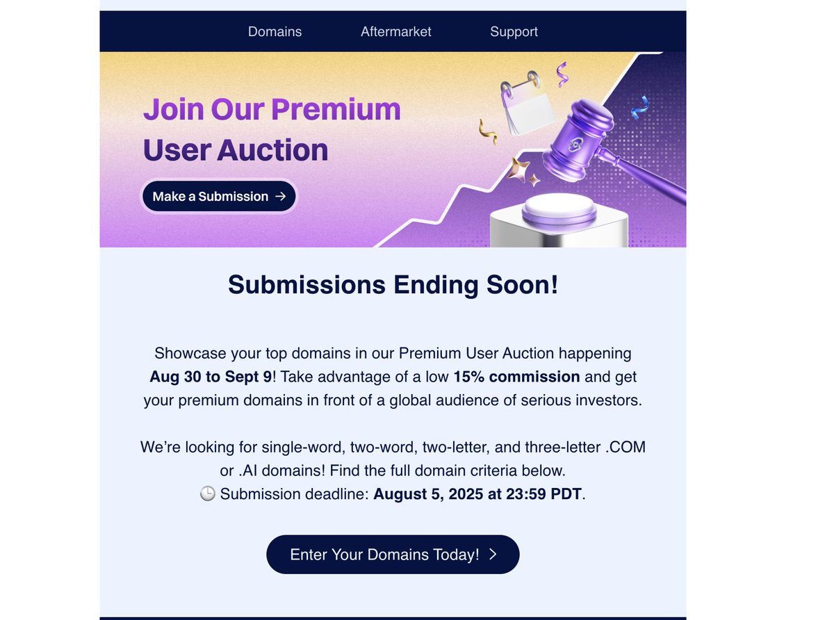 cultra's tweet image. Looking to auction a few names?  Dynadot taking submissions in the latest premium auctions.   Link in comments