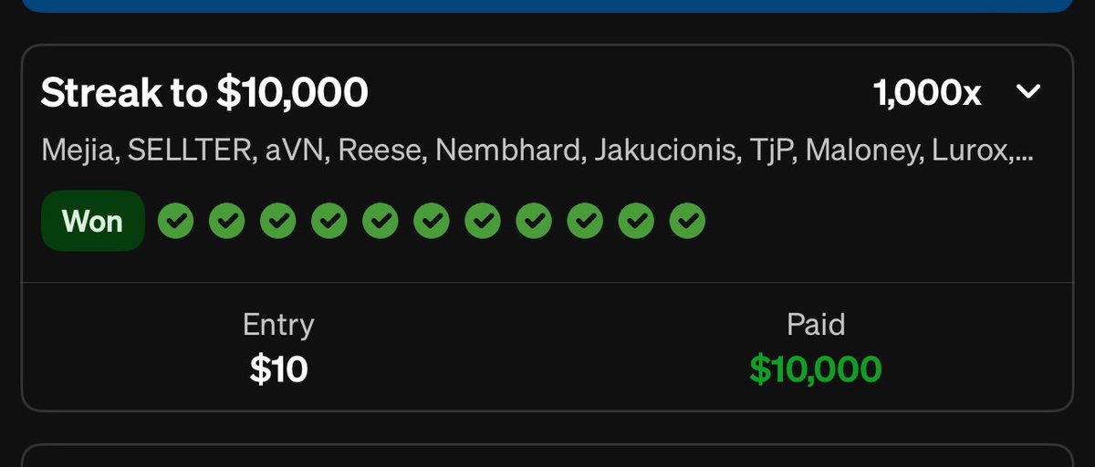 Fumdobebakin's tweet photo. Final update on the Underdog streak:

BANGGGGGGGGGG 

Greatest longshot I’ve ever hit thanks to the @DGFantasy optimizer for pointing out the amazing value along the way

DISAMIS THE 🐐 https://t.co/cjoyt12Ley