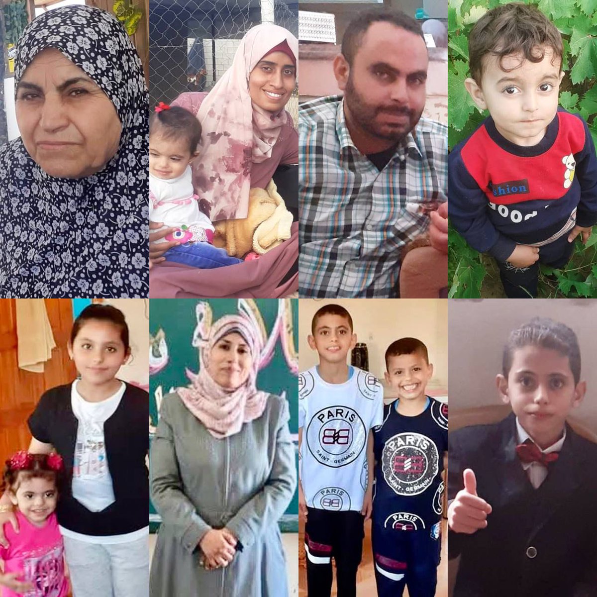 ارتقاء الحاجة أم غسان أبو نبهان ونجلها عبد القادر وزوجته وولديه حسين ويوسف، ونجلها عبد المنعم وزوجته وجنينها وابنته الطفلة سارة، وزوجة نجلها محمود المعلمة آمنة نصار وجنينها وأطفالها معتز ومؤمن وإيمان ولين في مجرْرة المخيم الجديد في النصيرات.