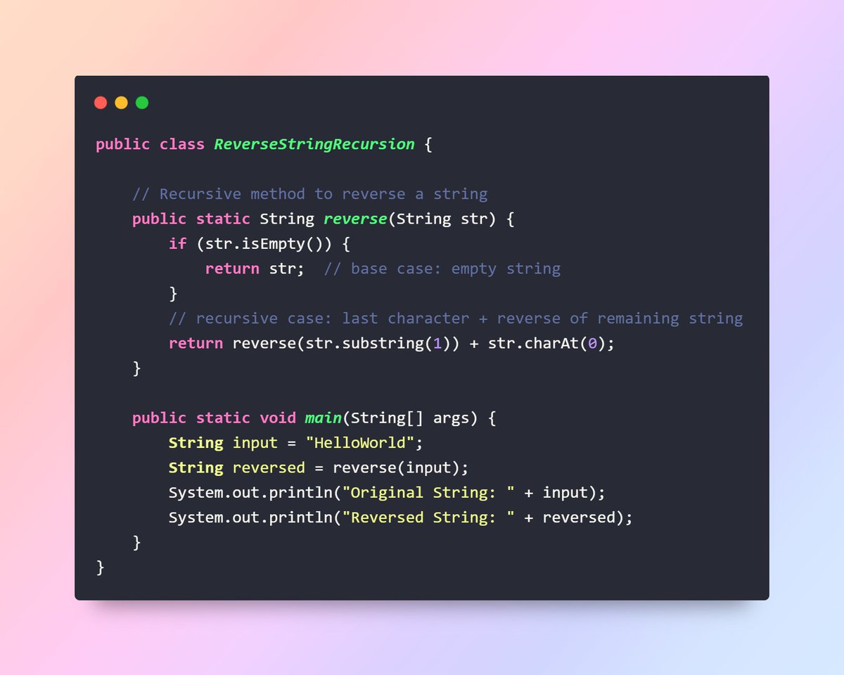 javainspires's tweet image. Java program to reverse a string using recursion
#Java #Coding #Interview