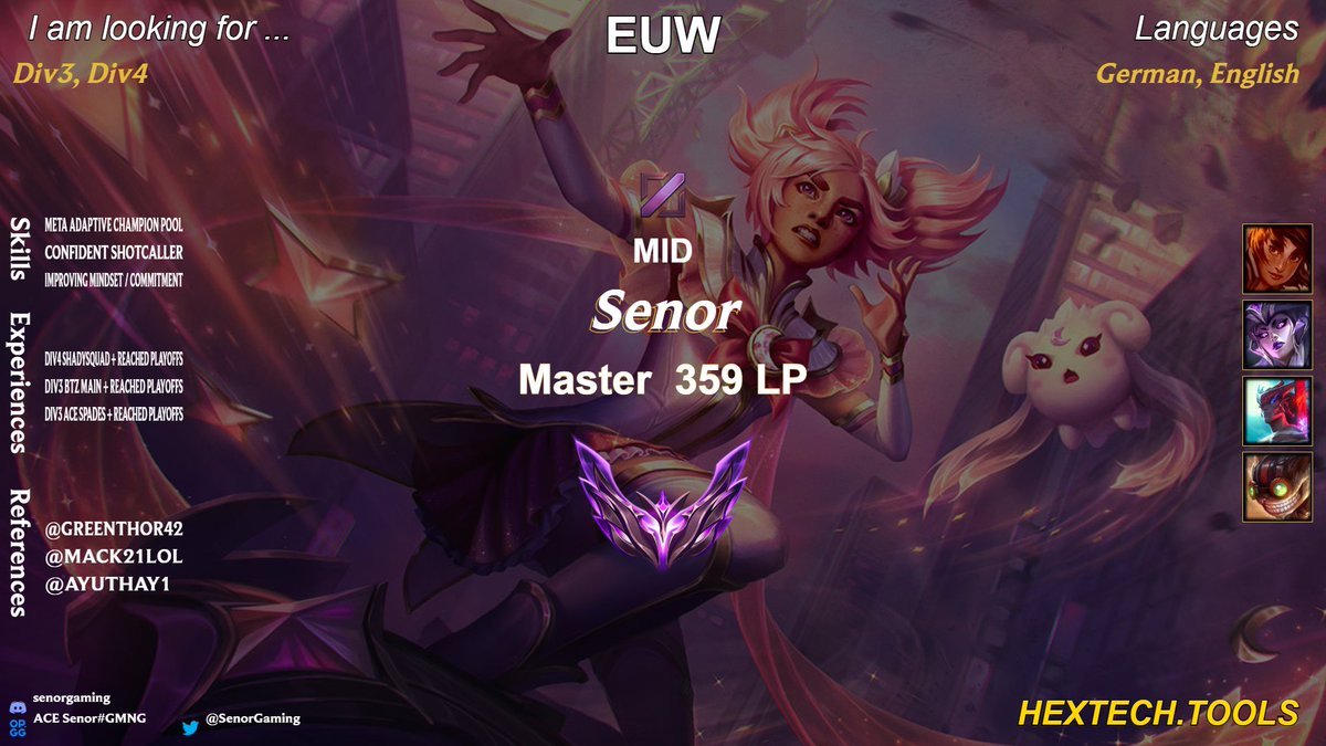 LFT Senor (@senorgaming) on Twitter photo After role-swapping to mid and hitting my personal peak, I will be exploring options for PRM3 and high-tier PRM4.  
For further information check the spreadsheet below or contact me via Discord: senorgaming  
Likes and Retweets are really appreciated. After role-swapping to mid and hitting my personal peak, I will be exploring options for PRM3 and high-tier PRM4.  
For further information check the spreadsheet below or contact me via Discord: senorgaming  
Likes and Retweets are really appreciated.