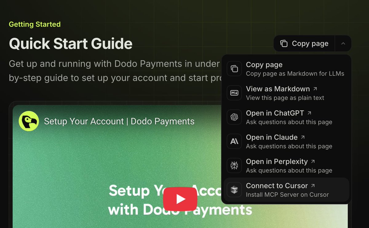 Ayush Agarwal (@aagarwal1012) on Twitter photo Thanks to <a href="/mintlify/">Mintlify</a>, now you can add <a href="/dodopayments/">Dodo Payments</a> docs mcp directly to your cursor in one click. Thanks to <a href="/mintlify/">Mintlify</a>, now you can add <a href="/dodopayments/">Dodo Payments</a> docs mcp directly to your cursor in one click.