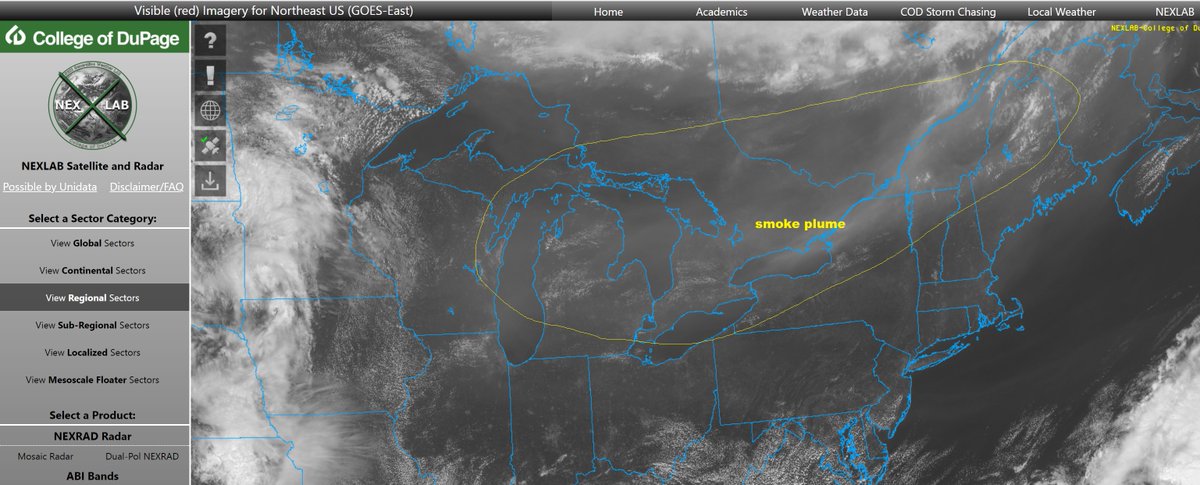 Sizable smoke plume almost directly over Lake Ontario right now and heading south, making for a very hazy sky this afternoon. Smelled like a campfire outside of our 7 News studios in downtown #Buffalo late last night as the plume arrived. #WNY #ROC #FLX #WX